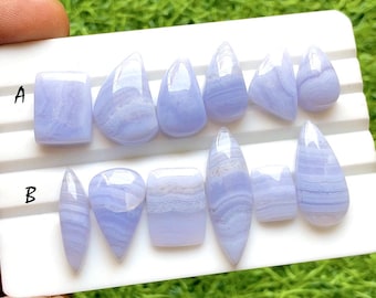 Blue Lace Agate Cabochon Loose Gemstone 6 Pieces Lot For Jewelry Making, AAA+ Natural Blue Lace Agate Cabochon Lot - 30958-30959