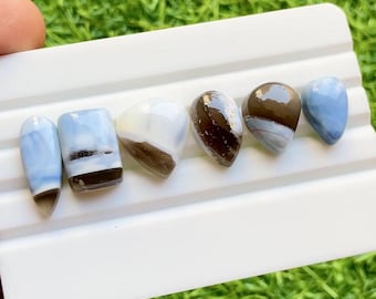 Selected Blue Owyhee Opal Cabochon Loose Gemstone 6 Pieces Lot | Size : 21-15 MM | Natural Blue Owyhee Opal For Handmade Jewelry - 30735