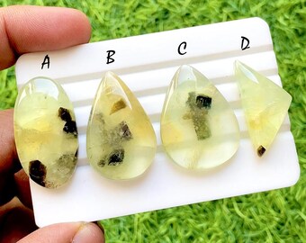 Lemon Mist Prehnite Cabochon For Wire Wrap, Natural Prehnite Cabochon, Jewelry Making Cabochons, Designer Gemstone Set - 35792-35795