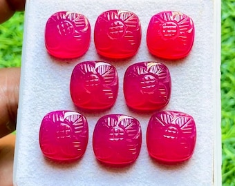 Pink Color Chalcedony 14 MM Cushion Shape Hand Carving Gemstone With Flat Back 6 Pieces Lot, AAA+ Natural Chalcedony Gemstone For Jewelry