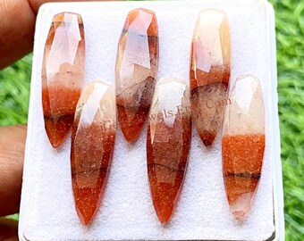 New Orange Banded Agate 10X35 MM Pear Shape Rose Cut Gemstone 6 Pieces Lot, AAA+ Natural Banded Agate With Flat Back For Jewelry Making