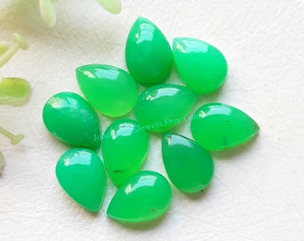 Chrysoprase 7X10 MM Pear Shape Cabochon Calibrated Gemstone 10 Pieces Lot, AAA+ Natural Chrysoprase With Flat Back For Handmade Jewelry
