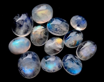 Selected Rainbow Moonstone Cabochon 12 Pieces Lot For Jewelry Making | Size : 8-12 MM | AAA+ Natural Rainbow Moonstone With Flatback - 28798