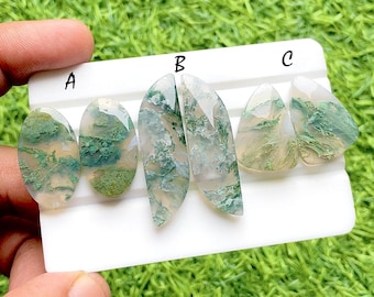 Moss Agate Pair Cabochon Loose Gemstone For Jewelry Making, AAA+ Natural Moss Agate Matching Pair Gemstone For Wire Wrap - 35070-35072