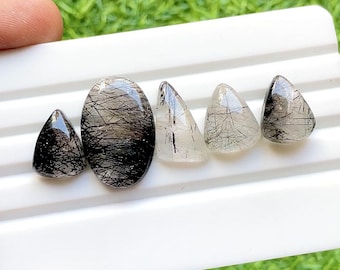 Black Rutile Quartz Cabochon Loose Gemstone 5 Pieces Lot For Jewelry Making | Size : 25-15 MM | AAA+ Natural Black Rutile Quartz - 32813