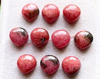 RHODONITE 10 MM Heart Shape Smooth Cabochon Gemstone 10 Pieces Lot, AAA+ Natural Rhodonite Heart With Flat Back For Handmade Jewelry