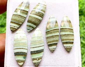 Green Lining Opal 10x30 MM Marquise Shape Rose Cut Gemstone 6 Pieces Lot, AAA+ Natural Lining Opal With Flat Back For Jewelry Making