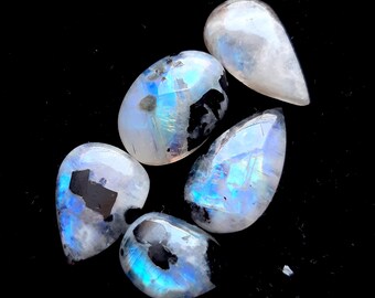 Rainbow Moonstone Cabochon With Black Tourmaline Dot 5 Pcs Lot | Size : 17-23 MM | AAA+ Natural Rainbow Moonstone For Jewelry Making - 19207
