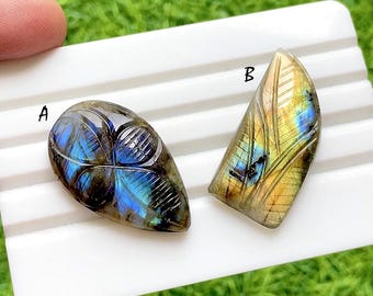 Mystic Forest Labradorite Carved Leaf Cabochon For Wire Wrap, Flashy Blue Fire Hand Carved Gemstones For Designer Jewelry - 36964-36965