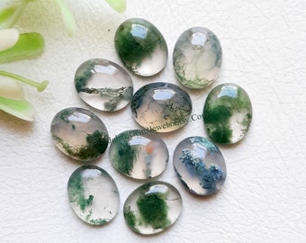 Moss Agate Oval Cabochon Gemstone With Flat Back 10 Pieces Lot | Size : 8X10 MM | AAA+ Moss Agate Oval Used For Jewelry Making