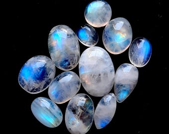Selected Rainbow Moonstone Cabochon Gemstone 12 Pieces Lot, AAA+ Natural Rainbow Moonstone With Flat Back Gemstone For Jewelry Making 18688