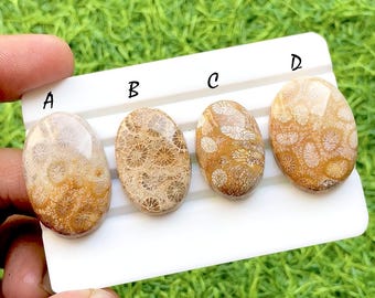 Golden Reef Fossil Coral Cabochon For Jewelry, Natural Flower Pattern Coral Gemstones, Ocean Inspired Designer Jewelry Stones - 35582-35585