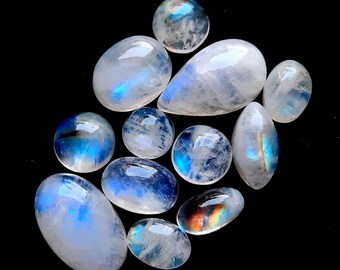 Selected Rainbow Moonstone Cabochon Gemstone 12 Pieces Lot, AAA+ Rainbow Moonstone With Flat Back Gemstone Cabochon For Jewelry Making 18686