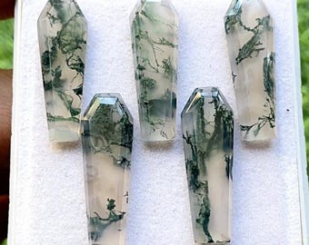 Moss Agate Big Coffin Shape Rose Cut With Flat Back Gemstone 5 Pieces Lot | Size : 10X31 MM | AAA+ Moss Agate Used For Jewelry Making