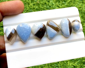 Blue Owyhee Opal Cabochon Loose Gemstone 6 Pieces Lot | Size : 20-14 MM | AAA+ Natural Blue Owyhee Opal For Handmade Jewelry - 30732