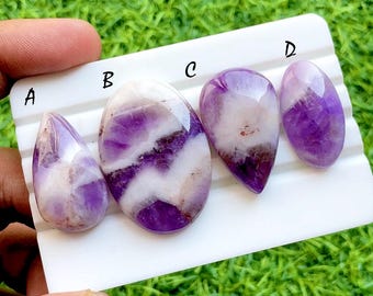Royal Dream Chevron Amethyst Cabochon For Wire Wrap, Natural Purple & White Banded Teardrop Oval Gemstones for Jewelry Making - 35999-36002