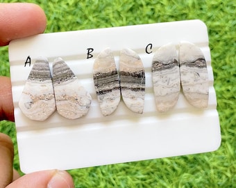 Monochrome Muse Picasso Jasper Cabochon Pair, Natural Striped Earth Tone Gemstone, Designer Matching Stones For Earrings - 37525-374527