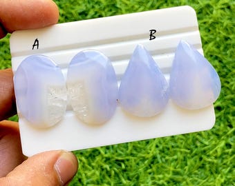 Sky Mist Blue Lace Agate Matched Pair Cabochon, Earth Tone Natural Stone, Soft Cloud Blue Gemstone Pair For Artisan Jewelry - 37923-37924