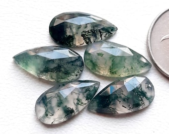 Moss Agate 20x10mm Pear Shape Rose Cut - Moss Agate Rose Cut Flat Back Gemstone 6 Pieces Lot For Jewelry Making, Pendant, Ring