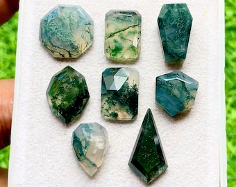 Moss Agate Fancy Cut Mix Shape With Flat Back Gemstone 8 Pieces Lot For Jewelry Making | Size : 20-14 MM | AAA+ Natural Moss Agate Lot 28806