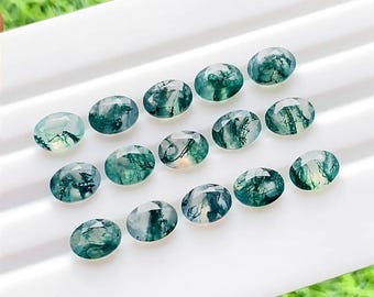 Moss Agate 6x8 MM Faceted Oval Shape With Pointed Back Gemstone 15 Pieces Lot For Jewelry Making, AAA+ Moss Agate For Handmade Jewelry