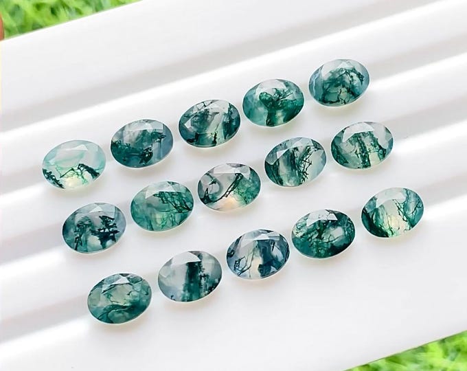 Featured listing image: Moss Agate 6x8 MM Faceted Oval Shape With Pointed Back Gemstone 15 Pieces Lot For Jewelry Making, AAA+ Moss Agate For Handmade Jewelry