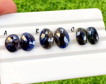 Natural Blue Sapphire Pair Rose Cut Loose Gemstone With Flat Back For Jewelry Making, AAA+ Blue Sapphire Pairs For Earrings - 34359-34361