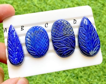 Hand Carved Lapis Lazuli Loose Gemstone Cabochon, Mughal Art Carving Natural Gemstones, Carving Cabochon For Jewelry Making - 38261-38264