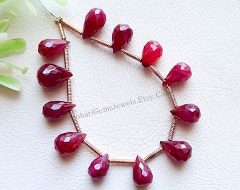Ruby Faceted Drop Shape Briollete Beads 12 Pieces Beads Lot | Size : 7x9 MM | AAA+ Ruby Drop Shape Briollete Beads For Handmade Jewelry