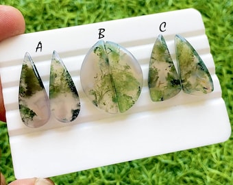 Forest Moss Agate Matching Pair For Jewelry Making, Rare Scenic Moss Agate Pair, High End Matching Gemstones For Earrings - 37369-37371
