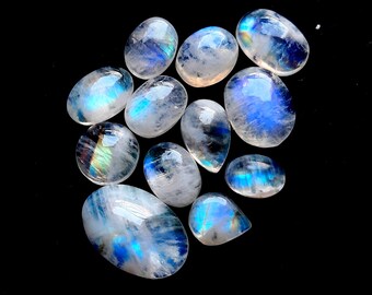 Selected Rainbow Moonstone Cabochon Gemstone 12 Pieces Lot, AAA+ Rainbow Moonstone With Flat Back Gemstone Cabochon For Jewelry Making 18691