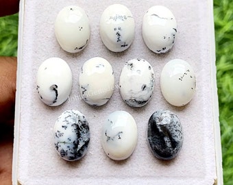 Dendritic Opal Oval Cabochon Calibrated Gemstone 10 Pieces Lot | Size : 10x14 MM | AAA+ Dendritic Opal With Flat Back For Handmade Jewelry