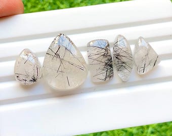 Black Rutile Quartz Cabochon Loose Gemstone 5 Pieces Lot For Jewelry Making | Size : 24-15 MM | AAA+ Natural Black Rutile Quartz - 32814