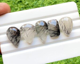 Black Rutile Quartz Cabochon Loose Gemstone 5 Pieces Lot For Jewelry Making | Size : 22-17 MM | AAA+ Natural Black Rutile Quartz - 32809