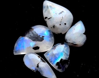 Rainbow Moonstone Cabochon With Black Tourmaline Dot 5 Pcs Lot | Size : 15-28 MM | AAA+ Natural Rainbow Moonstone For Jewelry Making - 19210