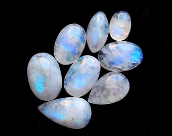 Rainbow Moonstone Cabochon Loose Gemstone 8 Pieces Lot | Size : 14-8 MM | AAA+ Ring Size Rainbow Moonstone For Handmade Jewelry - 21449