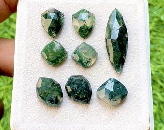 Moss Agate Fancy Cut Mix Shape With Flat Back Gemstone 8 Pieces Lot For Jewelry Making | Size : 12-28 MM | AAA+ Natural Moss Agate Lot 34574