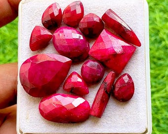 Natural Ruby Mix Shape Rose Cut Loose Gemstone 12 Pieces Lot | Size : 24-10 MM | AAA+ Ruby Briolette & Flat Back For Jewelry Making - 34490