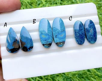 NEW Azurite Pair Cabochon Loose Gemstone For Jewelry Making, AAA+ Natural Azurite Matching Pair Cabochon For Earrings - 34547-34549