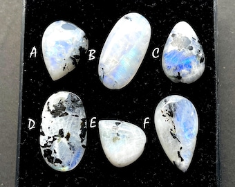 Rainbow Moonstone Cabochon With Black Tourmaline Dot For Jewelry Making, AAA+ Natural Rainbow Moonstone Cabochon For Wire Wrap - 28003-28008