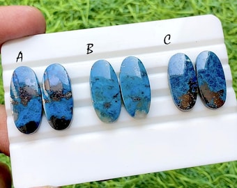 NEW Azurite Pair Cabochon Loose Gemstone For Jewelry Making, AAA+ Natural Azurite Matching Pair Cabochon For Earrings - 34538-34540