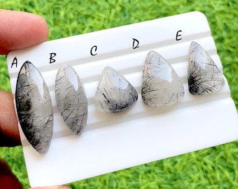 Midnight Needle Rutilated Quartz Cabochon For Wire Wrap, Natural Black Tourmalinated Quartz Pear & Fancy Shape Loose Gemstones - 36071-36075