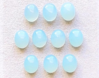 Aqua Chalcedony 7X9 MM Oval Shape Smooth Cabochon Gemstone 10 Pieces Lot, AAA+ Natural Chalcedony With Flat Back For Jewelry Making