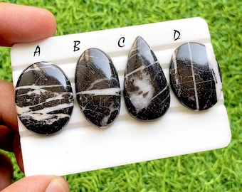 Obsidian Vein Eclipse Cabochon For Wire Wrap, Black & White Zebra Jasper Pear and Oval Natural Stone for Jewelry Making - 36093-36096