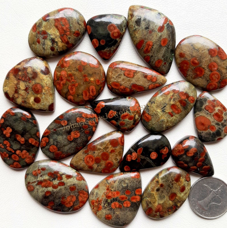 May include: A collection of polished gemstones with a speckled pattern. The stones vary in shape and size, featuring a mix of earthy tones including brown, gray, and red. Some stones have a dark, almost black base color. The gemstones are arranged on a white surface.