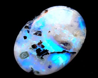 BIG Rainbow Moonstone Cabochon With Black Tourmaline Dot | Size : 41X30X8 MM | AAA+ Natural Rainbow Moonstone For Handmade Jewelry - 19255