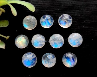 Rainbow Moonstone Calibrated Round Shaped Cabochon Gemstone 10 Pieces Lot | Size : 7 MM | AAA+ Rainbow With Flat Back For Jewelry Making