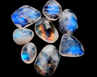 Rainbow Moonstone Rose Cut Slice 8 Pieces Lot For Jewelry Making, AAA+ Natural Rainbow Moonstone Rose Cut With Flat Back Gemstone - 24061