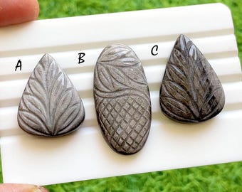 Hand Carved Silver Obsidian Loose Gemstone Cabochon, Mughal Art Carving Natural Gemstones, Carving Cabochon For Jewelry Making - 38284-38286