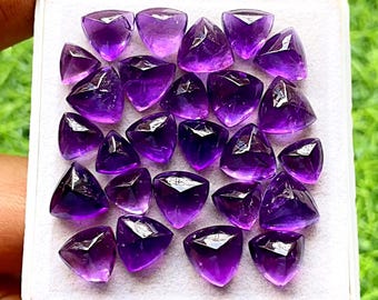 Rare Amethyst Sugarloaf Trillion Shape Cabochon With Flat Back Gemstone 26 Pcs Lot | Size : 7-10 MM | Amethyst For Handmade Jewelry - 14928